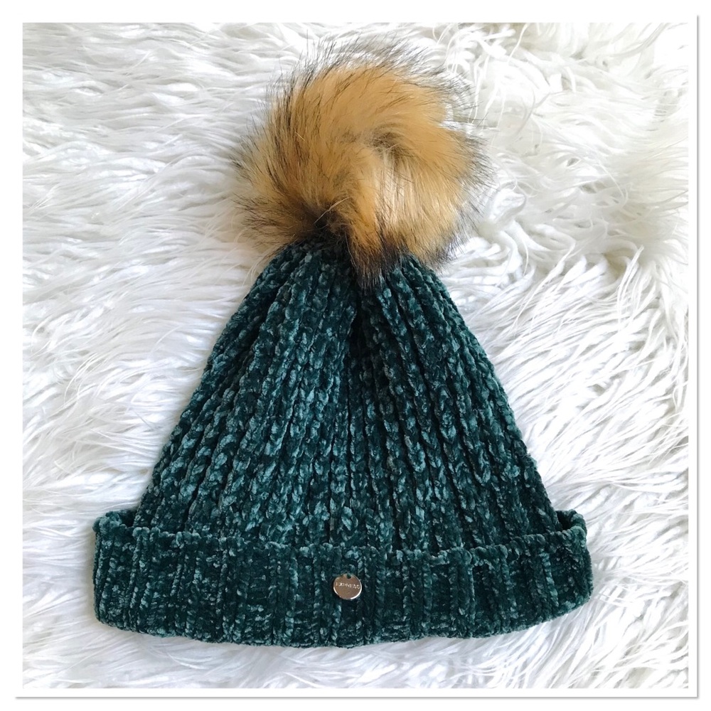 Express Pom Pom Knit Velour Beanie Green One Size Adult